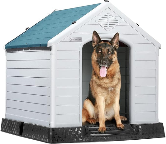 LEMBERI Durable Waterproof Plastic Dog House for Small to Large Sized Dogs, Indoor Outdoor Doghouse Insulated Puppy Shelter with Elevated Floor, Easy to Assemble (Blue, 42''L*38''W*39''H)