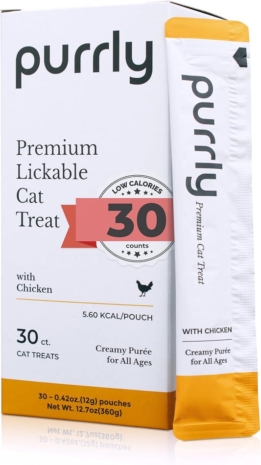 Purrly Lickable Wet Cat Treats Creamy Purée Human-Grade Chicken Breast with Prebiotic and Dietary Fiber for Digestive Health (30 Count) Non-Seafood Non-GMO No-Grains No-Artificial-Additives All Ages