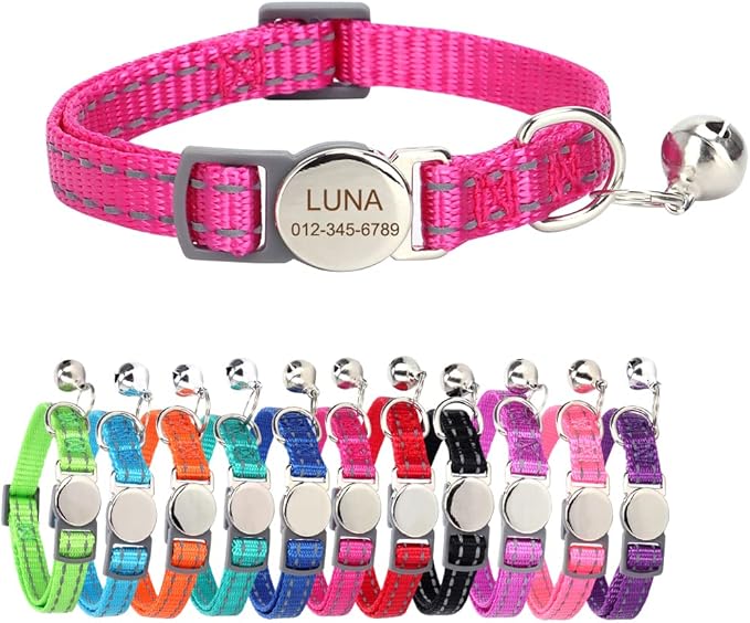 Personalized Reflective Cat Collar with Bell and Breakaway Buckle - Engraved Name and Phone Number