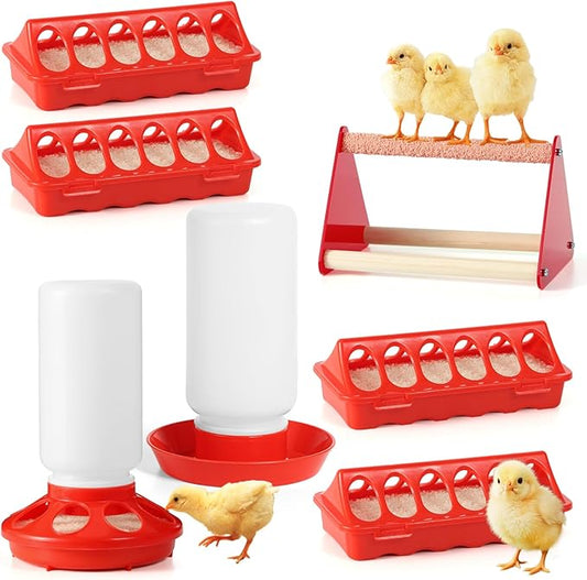 7PCS Chick Feeder and Waterer Kit with Wooden Perch,Baby Poultry Starter Set with Chick Perch for Small Poultry Chicks Ducks Quail Pigeons Birds(Red Chick Feeder Waterer Kit)