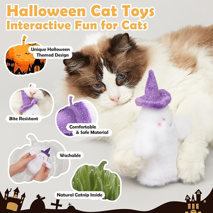 Halloween Catnip Toys, Flapping Ghost Catnip Toy, Interactive Kitten Exercise Toys for All Cat Breeds Play Alone, Never Boredom