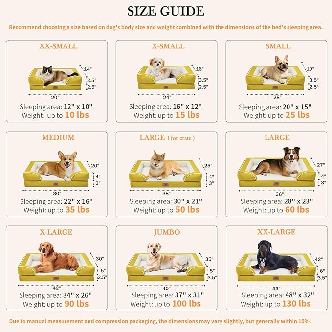 Comfort Expression Orthopedic Dog Beds, Jumbo Dog Bed for Extra Large Dogs, Waterproof Dogs Beds, PV Washable Pet Sofa Couch with Removable Cover & Non-Slip Bottom(Jumbo,Spicy Mustard)