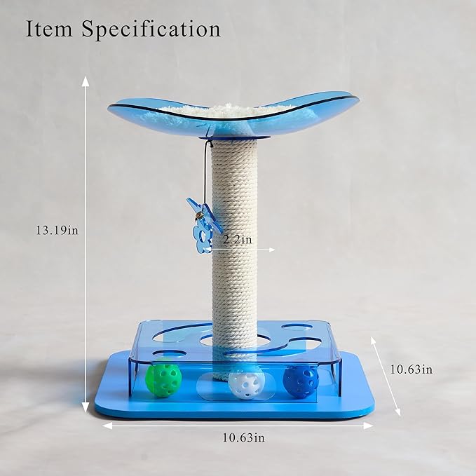 Modern 3-in-1 Interactive Cat Toy with Puzzle Box, Cat Bed/Perch & Scratching Posts, Colorful Jingle Balls, Dangling Accent, Puzzle Toys for Indoor Cats, Acrylic, Blue