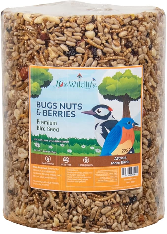 JCs Wildlife Bugs Nuts and Berries Premium Bird Seed Large Cylinder with Hole, 3.8 lb (1)