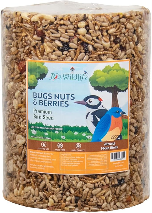 JCs Wildlife Bugs Nuts and Berries Premium Bird Seed Large Cylinder with Hole, 3.8 lb (1)