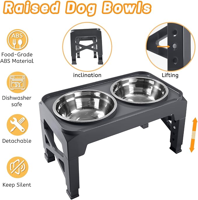 Hubulk Elevated Dog Bowls with 2 Stainless Steel Dog Food & Water Raised Bowls with No Spill Edge Non-Slip Stand Adjusts to 3 Heights(2.75", 6.0", 7.5") for Small Medium Dogs and Pet