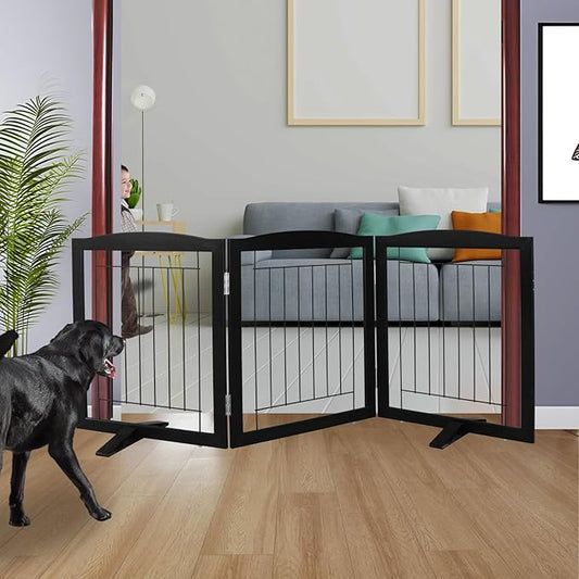 ZJSF Freestanding Dog Fence Indoor, Foldable Dog Gate for Doorways, Stairs or Hallways, Sturdy Wood Extra Wide Pet Gate with Support Feet for The House, Black, 24 "Height-3 Panels