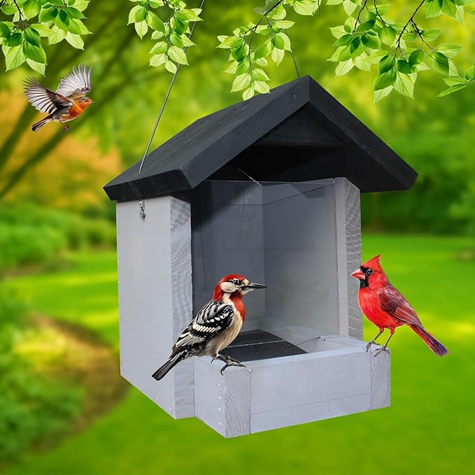 Hanging Wooden Platform Bird Feeder – Outdoor Tray Bird House Feeder for Cardinals and Wild Birds – Flat Platform Feeders for Backyard and Garden Use (Grey)