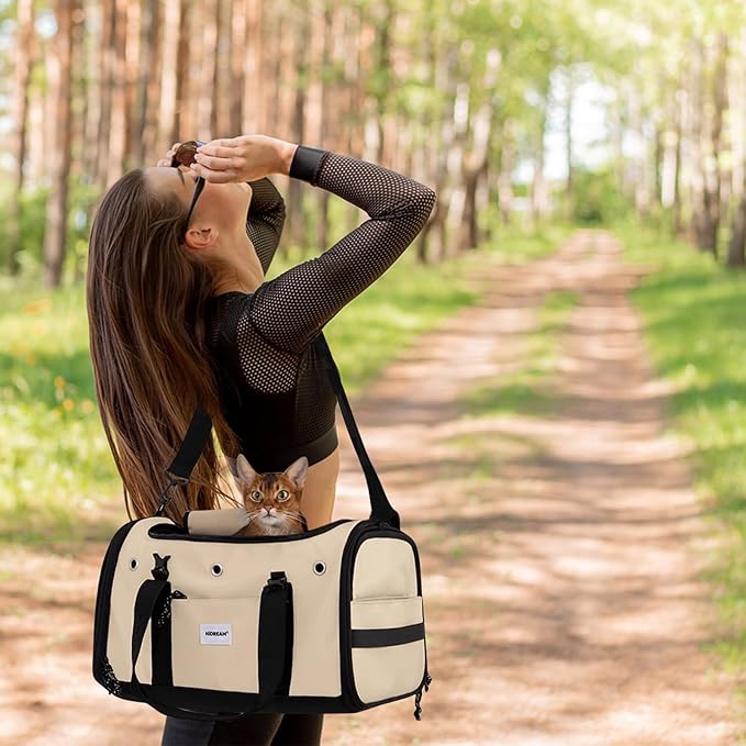 Pet Carrier Bag, Foldable Cat Bag Airline Approved, Soft-Sided Cat Travel Bag, Washable Dog Carrier Privacy Protection for Home Outdoor Travel(S, Brown)