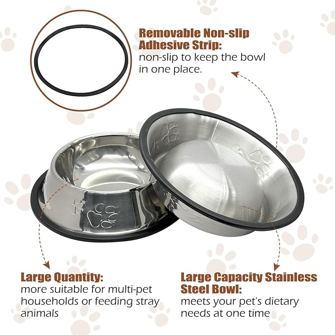 Fhiny 8Pcs Stainless Steel Dog Cat Bowl with Rubber Base Pet Food and Water Feeder Bowls Stackable Non-Slip Dish Plate for Small Medium Animals Puppy Kitten Rabbit-Two Paw Patterns