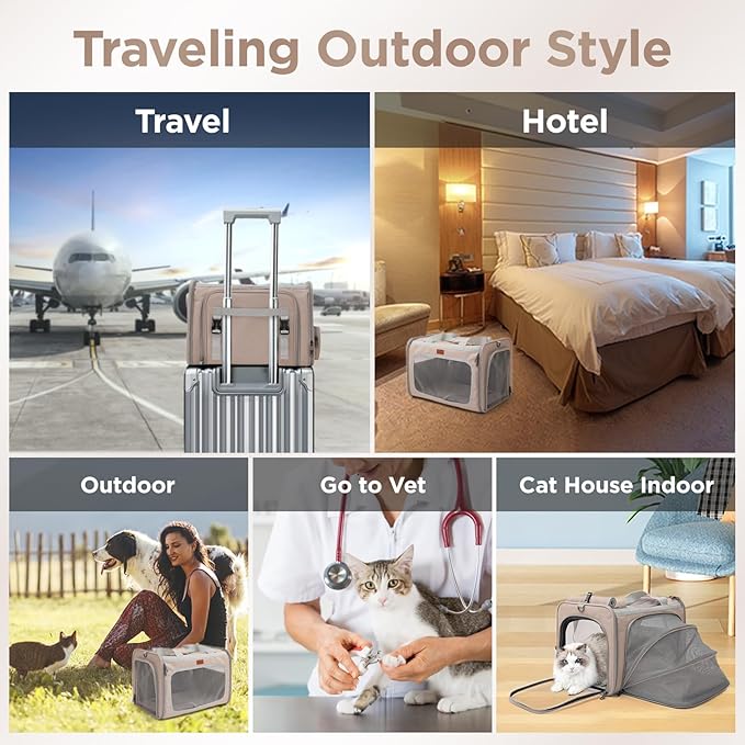 Small Dogs Carrier Airline Approved Soft Cat Carriers Stylish Expandable Pets Carriers Puppies Kitties Cage,Ventilated,Rabbit Bunny Small Animals Travel Outdoor Khaki Color