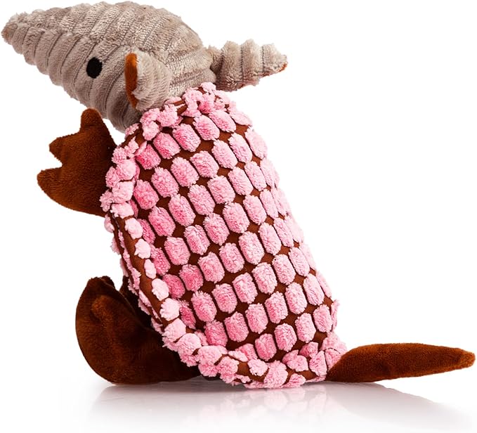 Hollypet Plush Dog Squeaky Toy Stuffed Armadillo Animal Pet Puppy Chew Toys with Clean Teeth for Small Medium Large All Breed Sizes Dogs, Pink, 8 in