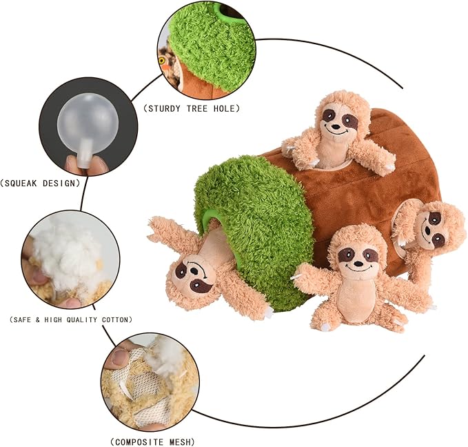 Interactive Squeaky Dog Toys Plush Sloth Dog Toy, Stuffing Woodland Friends Burrow, Dog Toys for Small Medium Large Dogs, Squeaky Plush Dog Toy (Medium)