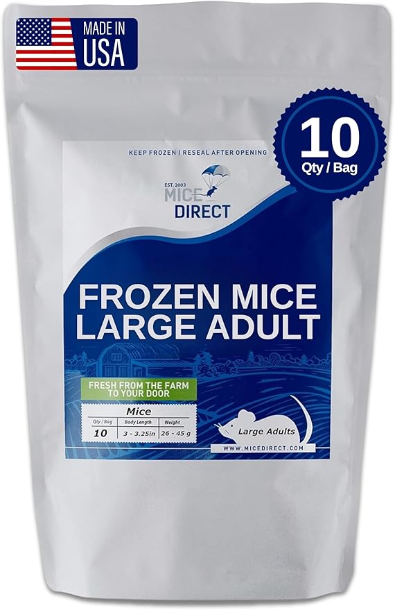 Frozen Large Adult Feeder Mice Food for Adult Ball Pythons Juvenile Red Tale Boa Monitors Lizards (10 Count)
