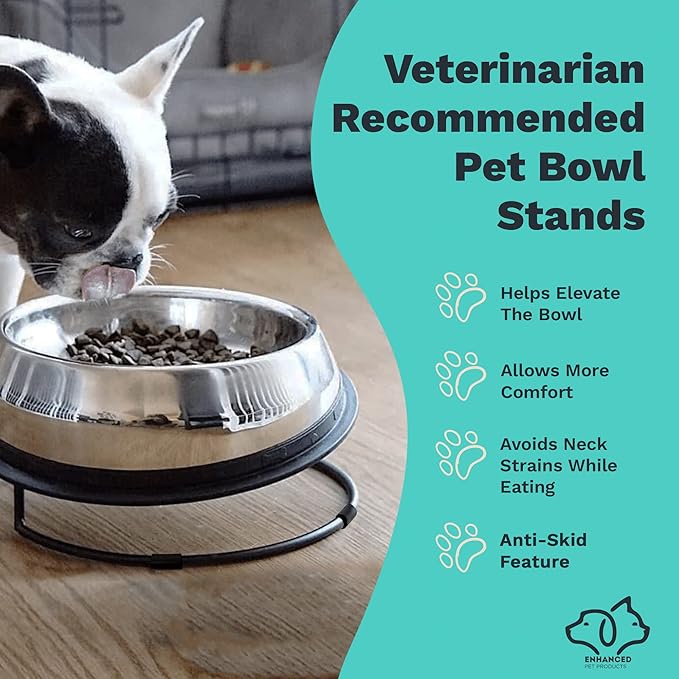 2 in 1 Pack - Large Enhanced Pet Bowl + Large Stand. Stainless Steel Slanted Dog Bowl with Raised Ridge for Flat-Faced Dog Breeds or Cats, Food-Grade Non-Slip No Spill Bowl for Dogs, Less Mess, Less