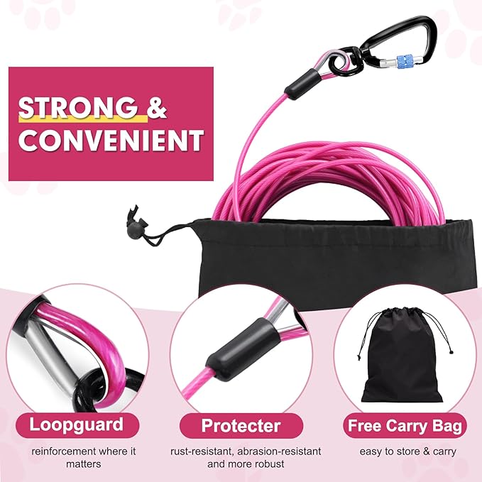 Snagle Paw Heavy Duty Long Leads for Yard 200FT-1000LBS Break Strength, Tie Out Cable With Swivel Lockable Hook & Spring, Chew Proof Chain for Outside, Run Cable for Medium Large Dogs