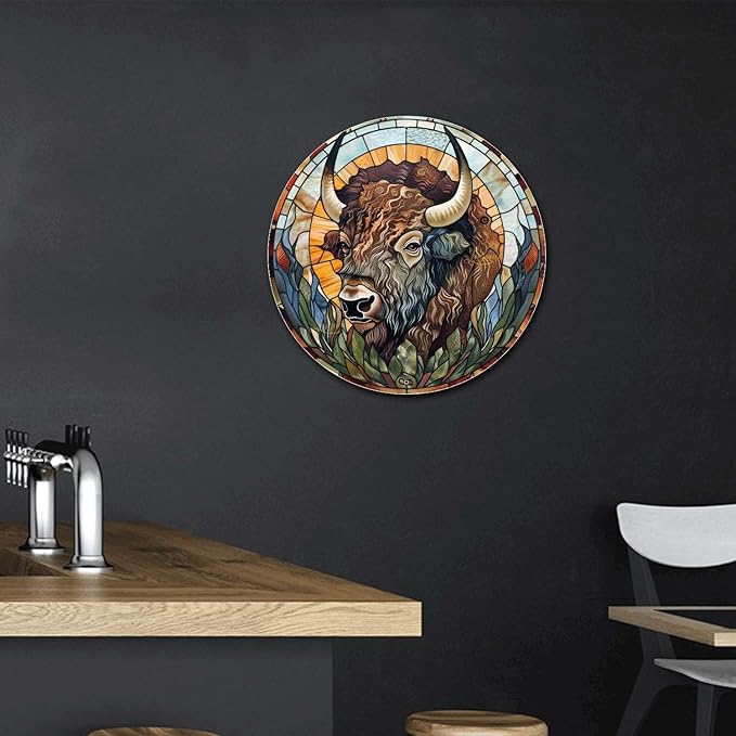 Lygond Metal Sign Tin Sign Circular Stained Glass American Bison Metal Sign for Pet 8×8 Inches