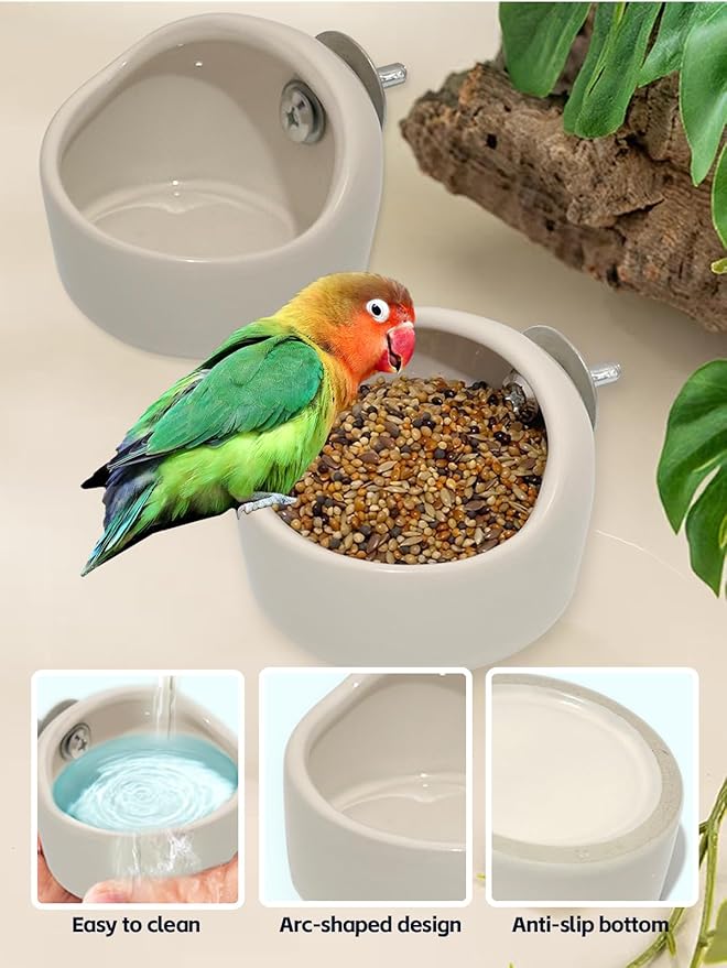 2 Pcs Ceramic Bird Food Bowl Hanging Parrot Food Bowl Pet Bird Bowls Birds Cage Holder for Budgie Finches Lovebirds Parakeet Cockatiels (White)