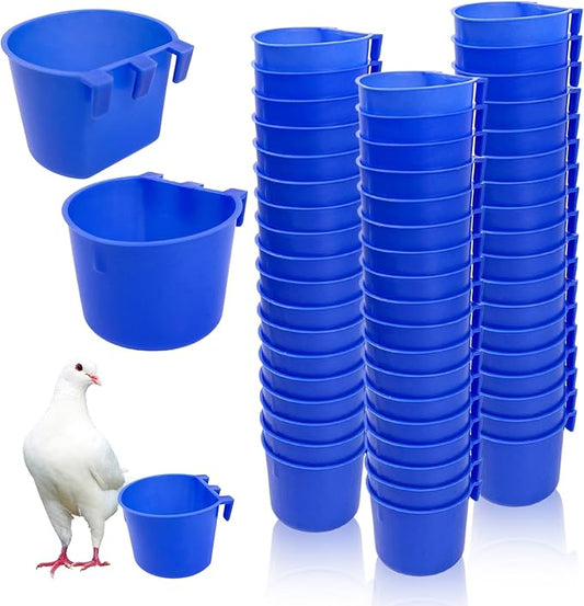 Rainmae 50 Pcs Cage Cups Birds Hanging Feeders Chicken Water Cups Bird Food Bowl 8 oz Plastic Bird Water Dispenser for Small Coop Parrot Parakeet Pet Poultry Pigeon Gamefowl Seed Bowl Supplies (Blue)