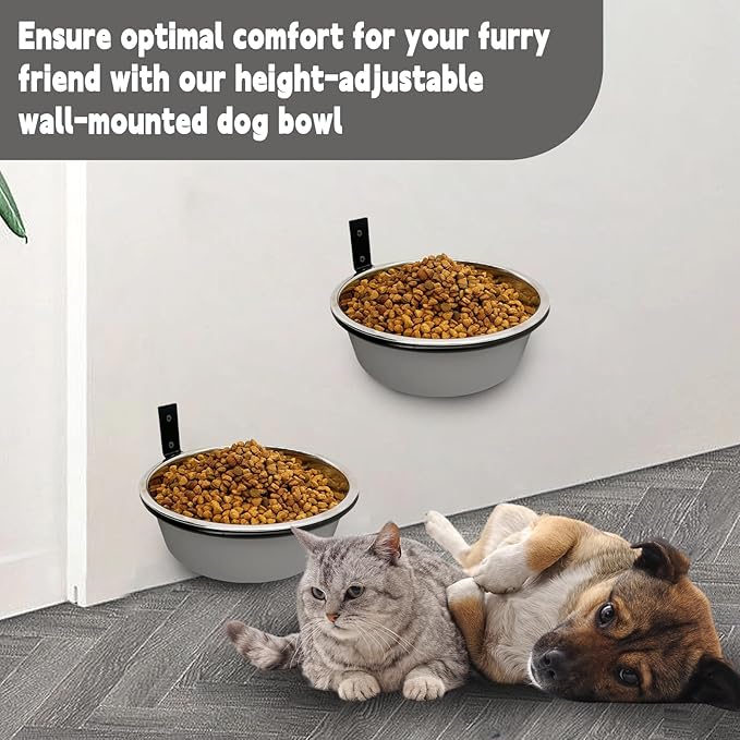 Wall Mounted Dog Bowls-2 * 48 Oz, Stainless-Steel Raised Adjustable Height Dog Food and Water Bowls, Elevated Pet Comfort Feeding Bowl for Medium Large Dogs Cats