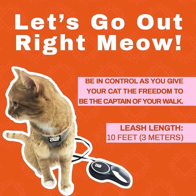 Travel Cat Retractable Expandable Leash - Black 10 Ft Long Strong Tape, Release/Lock Button and Anti-Slip Handle for Small to Large Cats - Light Pet Leash for Walking, Training