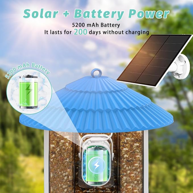 Smart Bird Feeder with Camera, Solar Powered Birds Watching Camera, 2K Night Vsion, AI Identify, Auto Capture & Live Video Watch Birds, Built-in TF, Ideal Gift for Outdoor Bird Watching Lover
