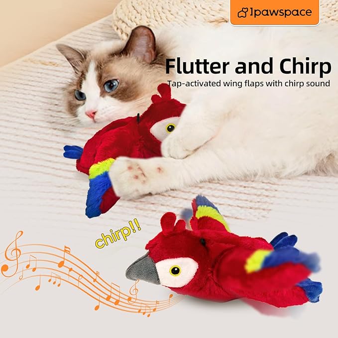 Interactive Flapping Bird Cat Toy with Catnip, Touch Activated Rechargeable, Musical Sound (can Turn Off), Satisfy Cat's Natural Huting Instinct, Soft Plush Washable Cover (Red)