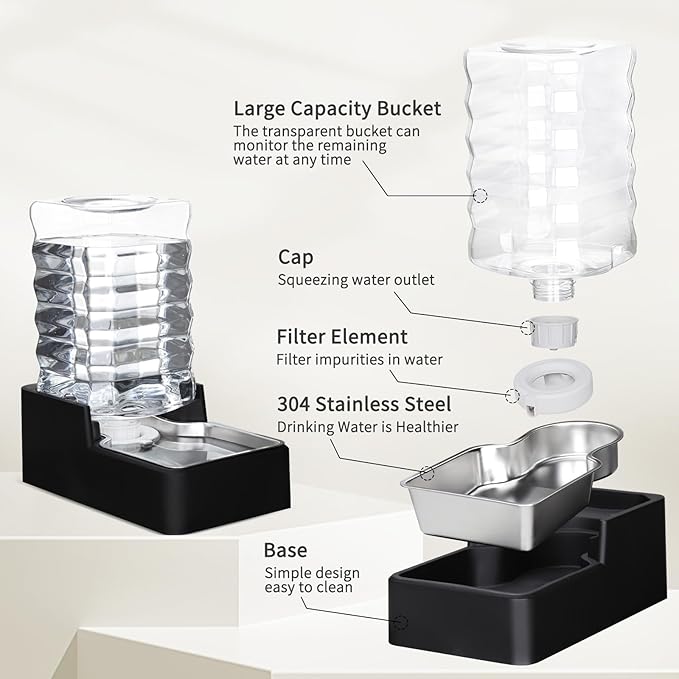 RIZZARI Stainless Steel Pet Water Feeder: 7.5L Black Automatic Leak-Proof Gravity Dispenser for 20-35 LB Dogs with Spinal Problems - with Filter - Ideal for Bedroom Living Room