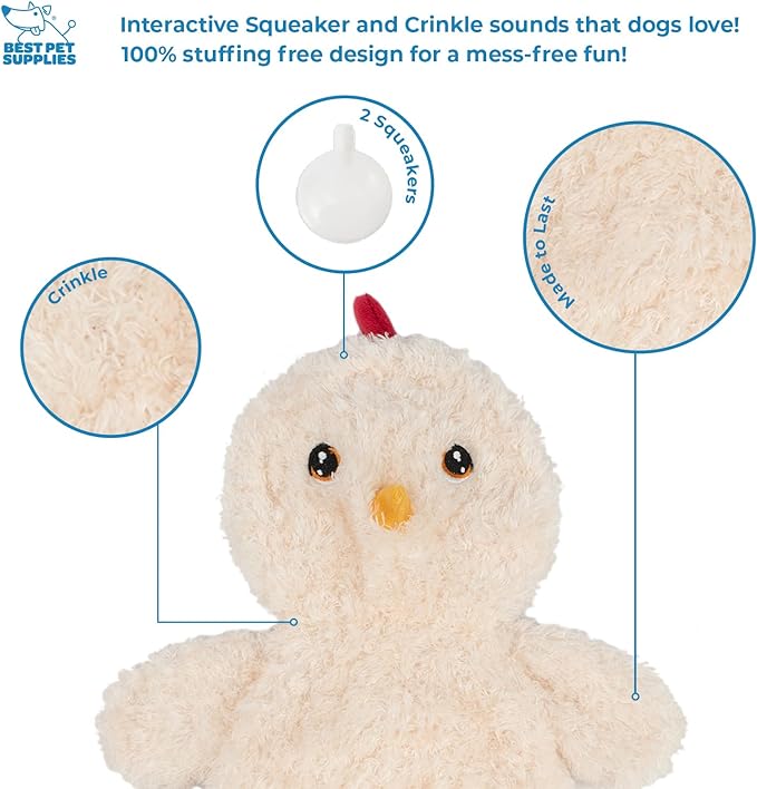 Best Pet Supplies Interactive Squeaky Dog Chew Toy, Ideal Dog Toys for Chewers, Small, Medium & Large Dogs, and Fetch Lovers - Crinkle Chicken (Cream), Large