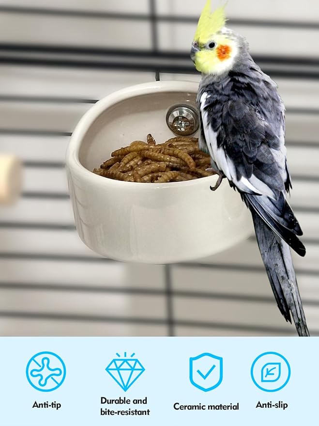 2 Pcs Ceramic Bird Food Bowl Hanging Parrot Food Bowl Pet Bird Bowls Birds Cage Holder for Budgie Finches Lovebirds Parakeet Cockatiels (White)