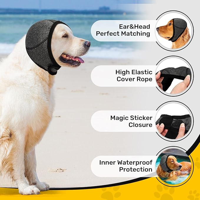 Dog Ear Muffs Noise Protection, No Flap Ear Wraps Cover for Dogs Bath Grooming, Adjustable Dog Calming Hoodie Hematoma Anxiety Firework Thunder,Waterproof Dogs Shower Cap Drying Swimming Bathing (LG)
