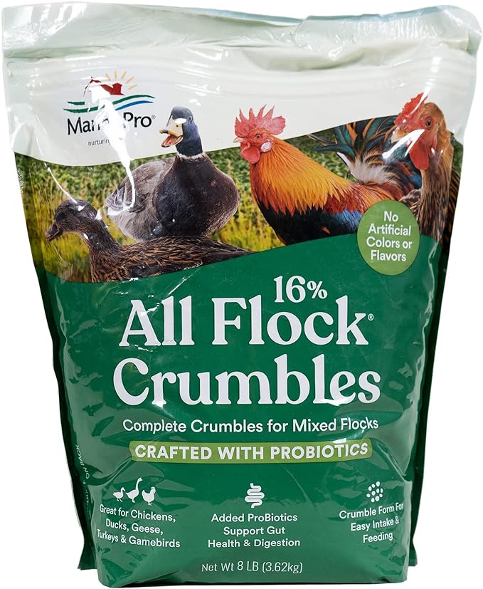 Manna Pro All Flock Crumbles, Crafted with Probiotics for Gut Health & Digestion, 16% Protein for Mixed Flocks with No Artificial Colors or Flavors, Crumbled for Easy Feeding, 8 lbs
