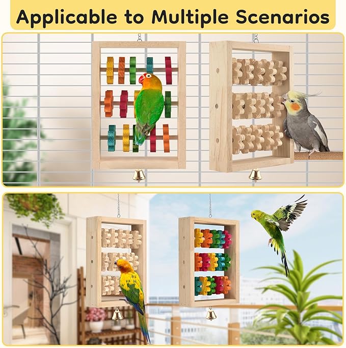 2Pcs Bird Toys, Hanging Parrot Chew Toy, Natural Wooden Chewing Puzzle Training Blocks Intellectual Development for Budgie, Conure, Lovebird, Cockatoo, African Grey, Amazon Parrots, Macaw