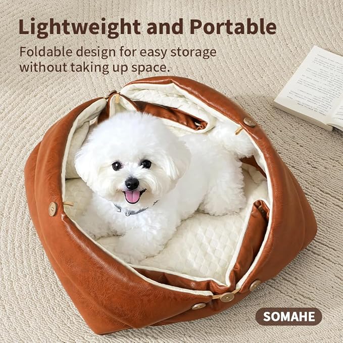 Cat Beds for Indoor Cats Dog Bed for Small Dogs 5 in 1 Function - Leather Mats Bed Cave Pillow Pad for Puppy & Kitten Four-Season 27.5 * 35.4inch Brown