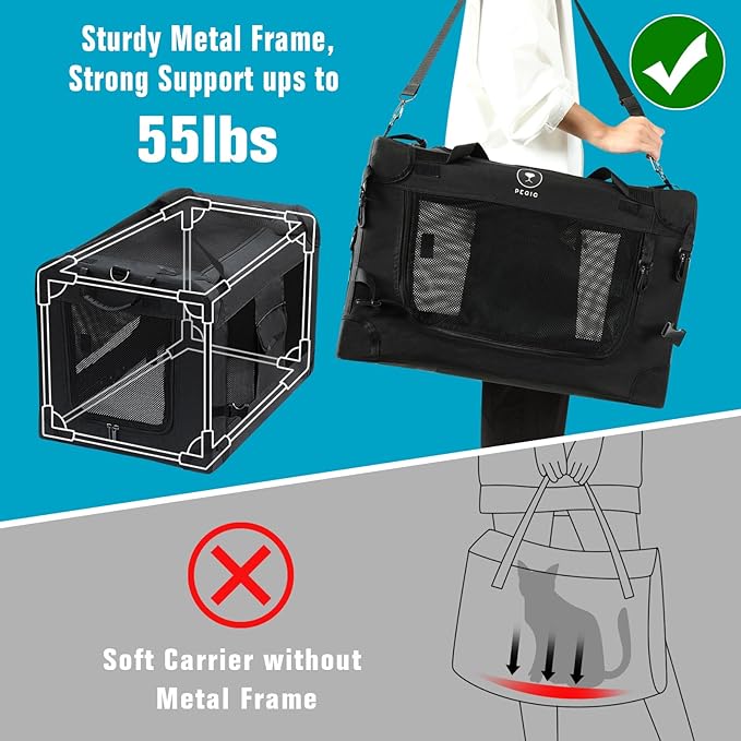 Extra Large Cat Carrier for Car Travel, Pegic Soft Sided Collapsible Pet Carrier for Outdoor and Indoor Uses, Roomy Cat Carrier for 2 Kittens, Large Cat or Puppies Up to 50lbs (Black)