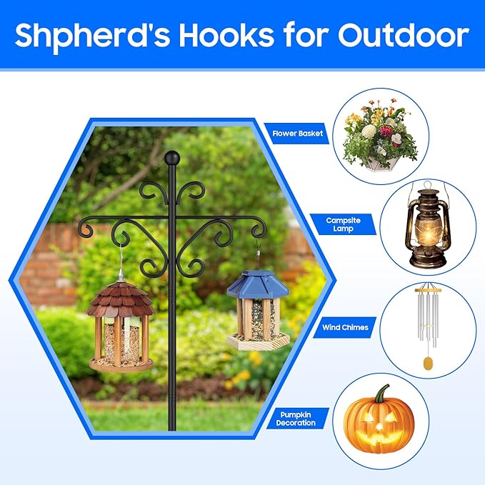 108 Inch Shepherds Hooks for Outdoor, Multiple Hook Adjustable Bird Feeder Pole,Garden Pole Hanger Stands with 5 Base Prongs for Hummingbird Feeder,Plant Basket, Solar Lantern Lights,Wind Chimes