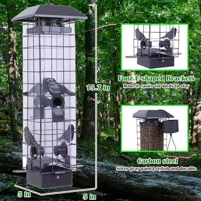 Squirrel Proof Bird Feeders for Outdoors, Metal Wild Bird Feeder for Outside Hanging, 4 Ports Perches, 3LB Large Capacity(Gray)