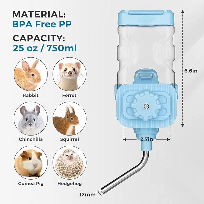 Vannon Small Animal Water Dispenser for Cage, 25oz Auto Feeding Crate Water Bottle for Rabbit, Chinchilla, Ferret, Guinea Pig, Squirrel, Hedgehog, Pet Nozzle Diameter: 10mm, BPA Free, Blue