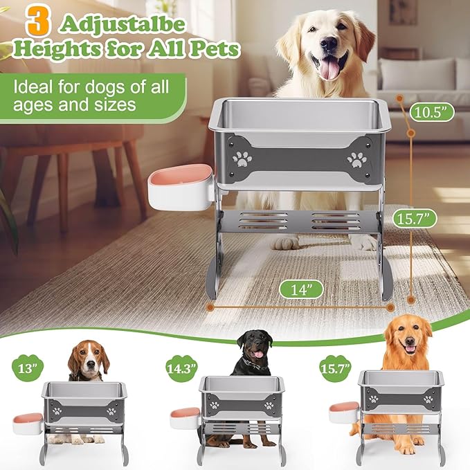 3 Gallon Elevated Large Dog Water Bowl, 3 Height Adjustable Stainless Steel Raised Dog Water Bowl Stand for Large Breed, Metal Pet Bowl Stand for Relief Joint Pressure, Easy Clean (Gray)
