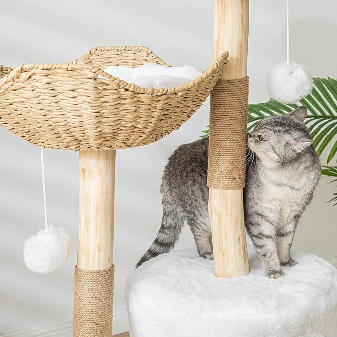 Cat Tree Tower, 46 inch Modern Cat Tree for Indoor Cats Large Adult, Luxury Cat Condo with Scratching Post, Real Solid Wood Branch Indoor Boho Furniture, Climbing Tower, White