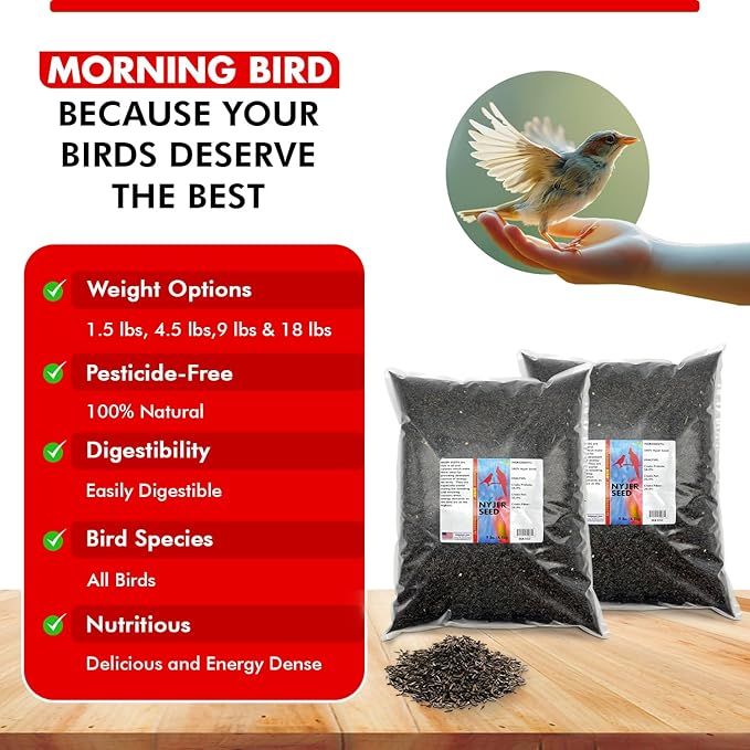 Morning Bird Nyjer Seed for Birds 18 lbs (2-Pack, 9 lbs Each)– Energizing Nutrition with Rich in Vitamins and Supplements – Ideal Bird Food for Breeding & Molting – Finch Seed for All Birds