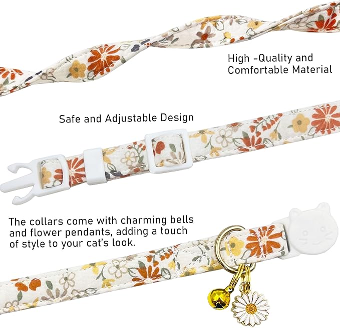 2 Pack Cotton Breakaway Cat Collars Set with Bell and Flower Pendant, Cute Floral Fruit Patterned, Adjustable 7.5-11Inch, Include A Mouse Toy Gift