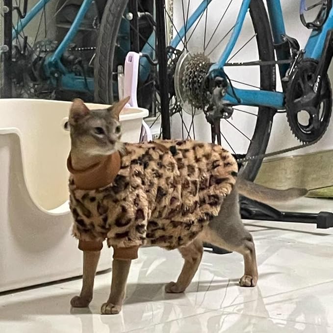 Cat Leopard Double-Sided Fleece Pullover, Soft Warm Clothes for Hairless Sphynx, Devon & All Indoor Kittens in Winter (Leopard,XL)