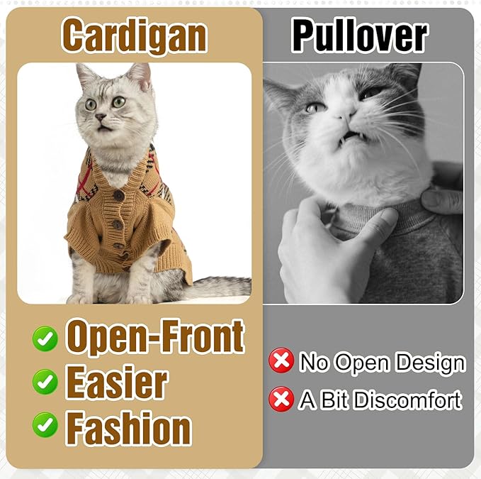 EXPAWLORER Cat Sweater Cardigan - Stylish Knit Cat Clothes, Plaid British Style Soft Puppy Sweater with Sleeve, Warm Pet Clothing Knitwear, Fall Winter Kitten Coat for Girl Boy Cats, Beige L