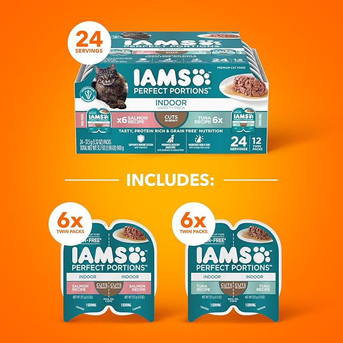 IAMS Perfect Portions Indoor Adult Wet Cat Food Cuts in Gravy Variety Pack, Salmon and Tuna Recipes, 2.6 oz. Easy Peel Twin-Pack Trays (12 Count, 24 Servings)