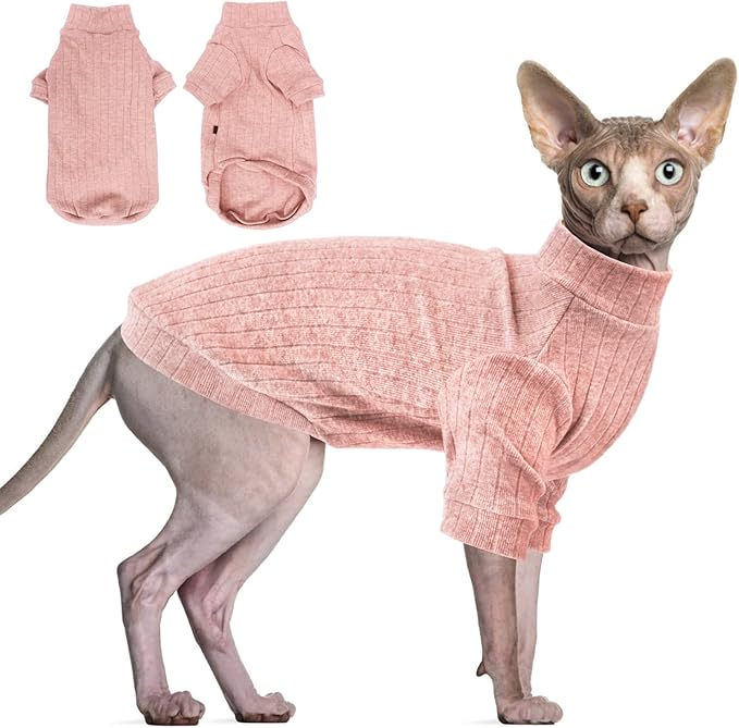Idepet Sphynx Hairless Cats Sweater Shirt Kitten Soft Puppy Clothes Pullover Cute Cat Pajamas Jumpsuit Cotton Apparel Pet Winter Turtleneck for Cats and Teacup Chihuahua(2 Pack-Blue&Pink,XS)