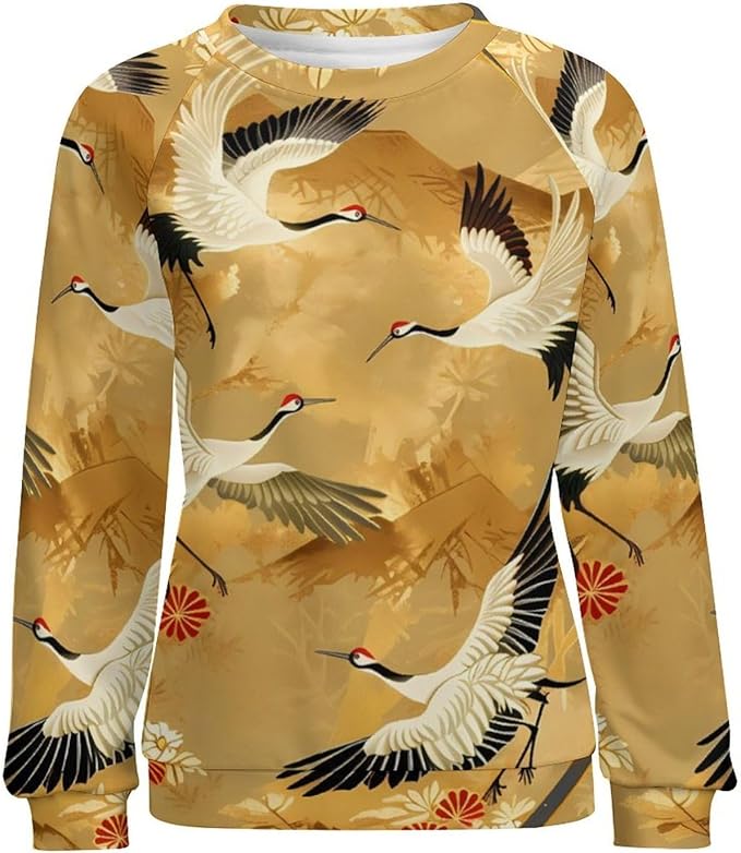 Womens Long Sleeve Tops Y2k Japanese Art Print Sweatshirts Fall Pullover for Women Crewneck Vintage Shirts Boho Tops