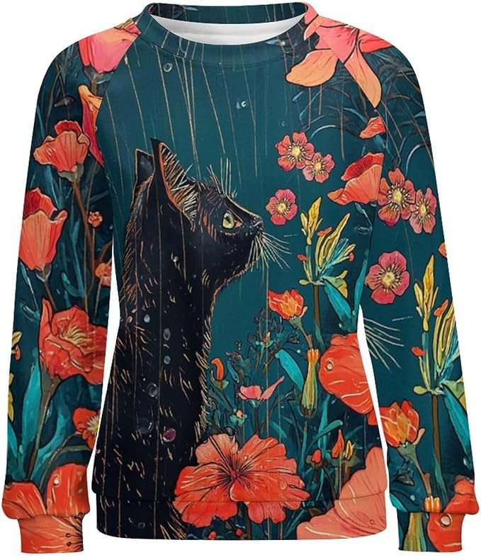 Long Sleeve Shirts for Women Cat Oil Painting Shirt 3D Graphic Sweatshirts Fall Pullover Crewneck Vintage Boho Tops