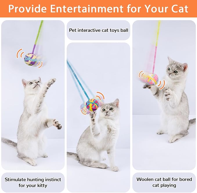 Retro Shaw 6Pcs Cat Toys Balls, Wool Yarn Cat Ball with Bell Inside, Interactive Kitten Toys for Indoor Cats Kitty Chew Kick, Colorful Soft Fuzzy Pet Toy Ball with String