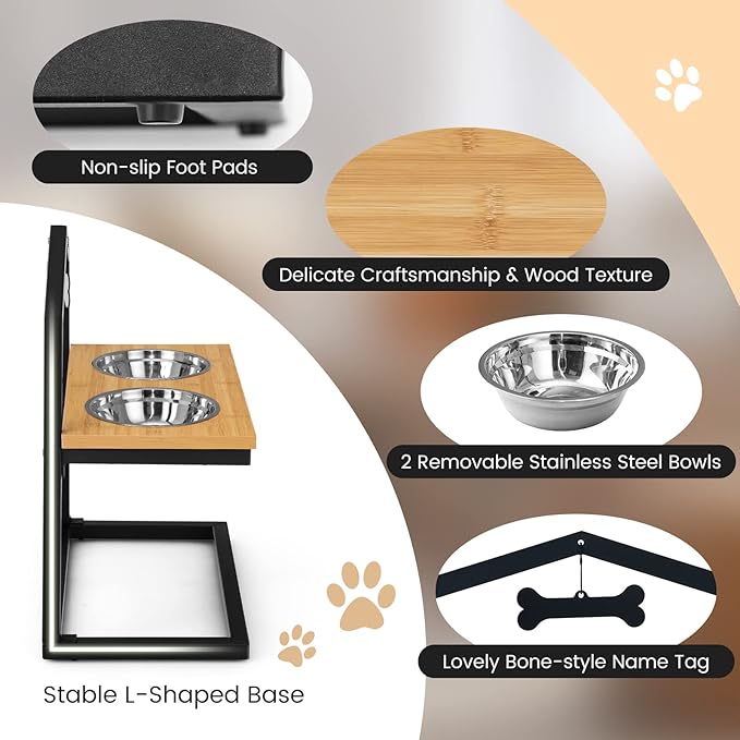 Giantex Elevated Dog Bowls Stand, 5 Adjustable Heights, 2 Stainless Steel Bowls, Non-Slip Metal Frame, Raised Pets Cats Feeding Station, Tall Dog Food Water Bowl Holder Stand (Natural & Black)